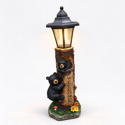 A brown bear statue welcoming guests, a garden statue with solar-powered lights, a 19-inch resin bear family in a tree, and outdoor bear decorations for courtyards, gardens, lawns, and patios. - image 13