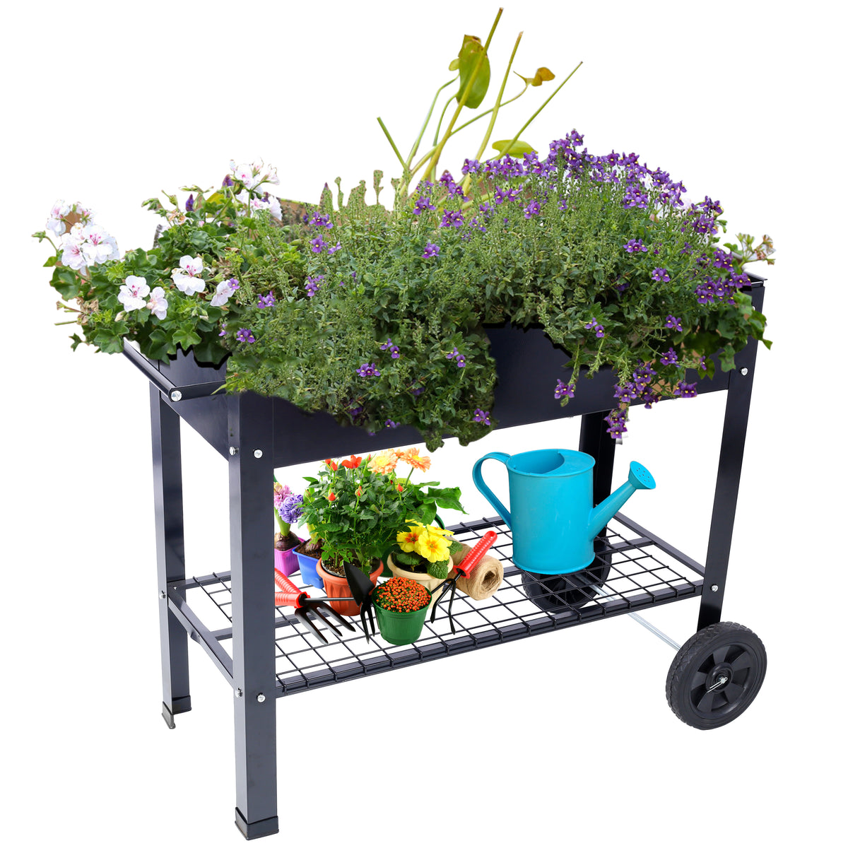 Products Elevated Mobile Raised Ergonomic Metal Planter Garden Bed for Backyard, Patio w/Wheels, Lower Shelf, black - image 12