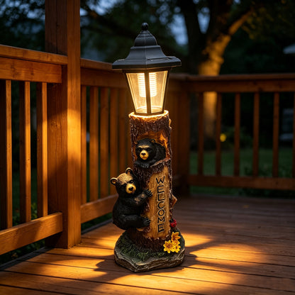 A brown bear statue welcoming guests, a garden statue with solar-powered lights, a 19-inch resin bear family in a tree, and outdoor bear decorations for courtyards, gardens, lawns, and patios. - image 5