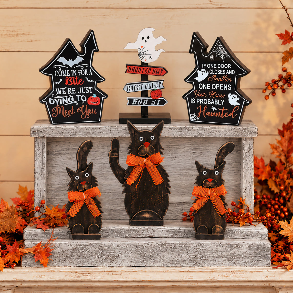 Halloween Tabletop Wood Decor In Black Cat Or Haunted Lane Trio